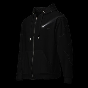 May include: A black zip-up hoodie featuring a silver metallic zipper, a drawstring hood with silver aglets, and a graphic of a white glowing comet on the chest. The sleeves are detailed with faint, thin white lines forming a geometric pattern.