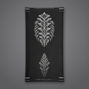 May include: A black neck gaiter featuring a large, intricate, light gray mechanical spine-like graphic in the center and a smaller, pointed, leaf-shaped geometric design below it. The fabric has subtle text and markings at the top and bottom edges.