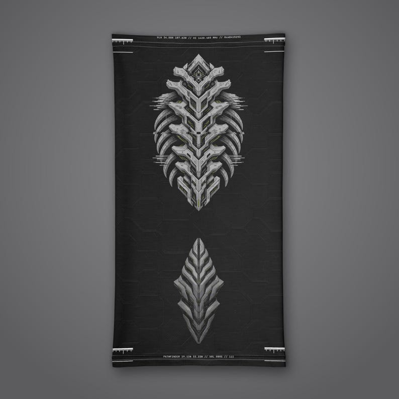 May include: A black neck gaiter featuring a large, intricate, light gray mechanical spine-like graphic in the center and a smaller, pointed, leaf-shaped geometric design below it. The fabric has subtle text and markings at the top and bottom edges.