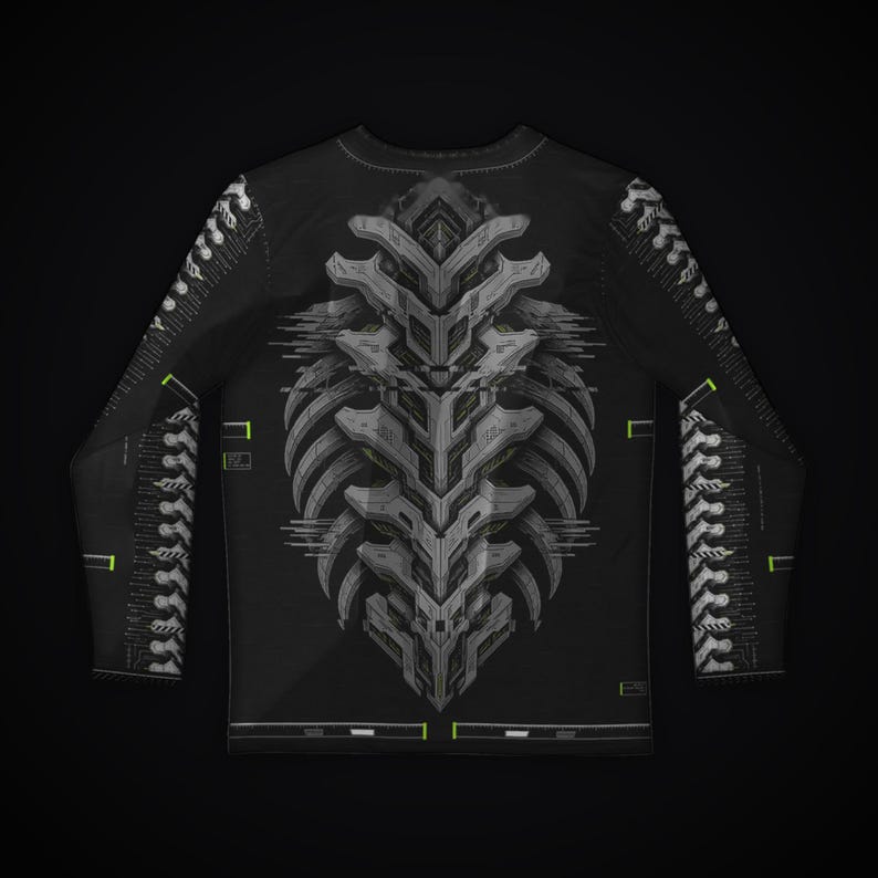 May include: A black long-sleeve shirt featuring a central gray, mechanical, rib-like graphic design. The sleeves display a repeating white spinal column pattern with small neon green accents and technical grid lines throughout the garment.