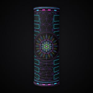 May include: A cylindrical neck gaiter featuring a black background with a vibrant neon geometric pattern. The design includes a central mandala-like starburst surrounded by a repeating flower of life grid and cyan rectangular accents.