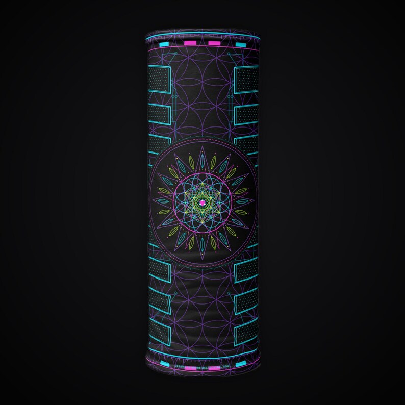 May include: A cylindrical neck gaiter featuring a black background with a vibrant neon geometric pattern. The design includes a central mandala-like starburst surrounded by a repeating flower of life grid and cyan rectangular accents.