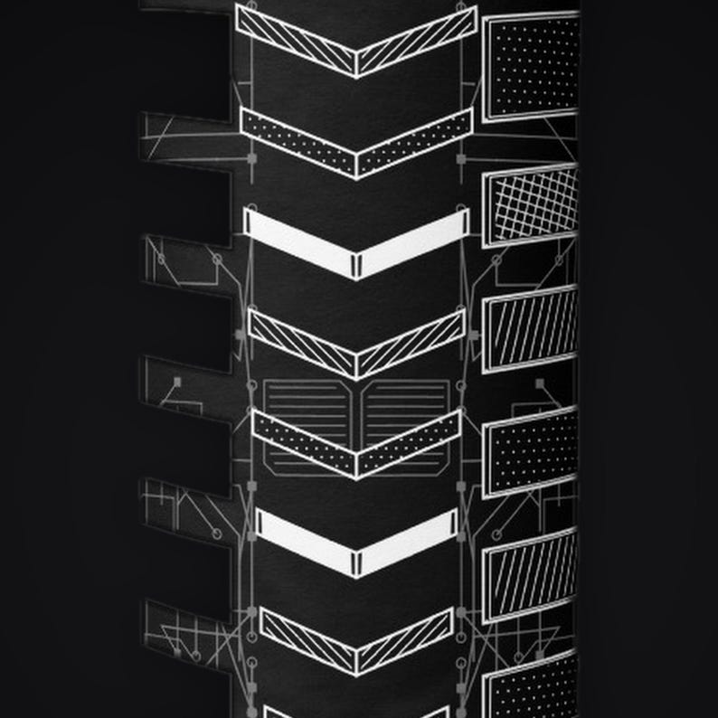 May include: A black vertical surface featuring a repeating pattern of white chevron shapes and rectangular blocks. The design includes various textures within the shapes, such as diagonal lines, dots, and horizontal grids, connected by thin lines.