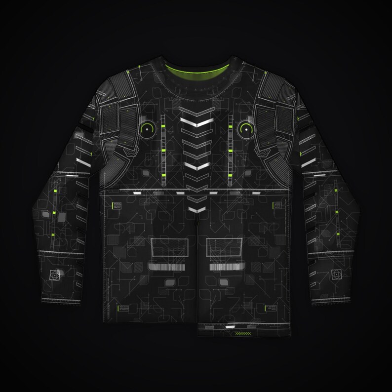 May include: A long-sleeve shirt featuring a black base with a white and neon green circuit board pattern. The design includes a central column of white chevron shapes, two circular accents on the chest, and grid-like technical line details.