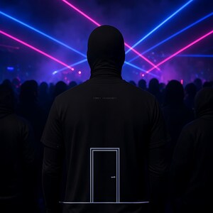 K&ouml;nnte beinhalten: Ein schwarzes Kurzarm-T-Shirt mit einer wei&szlig;en Linienzeichnung einer geschlossenen T&uuml;r auf der R&uuml;ckseite. Das Shirt zeigt kleinen Text &uuml;ber der Grafik und wird von einer Person mit schwarzer Sturmhaube vor blau-pinken Laserstrahlen getragen.
