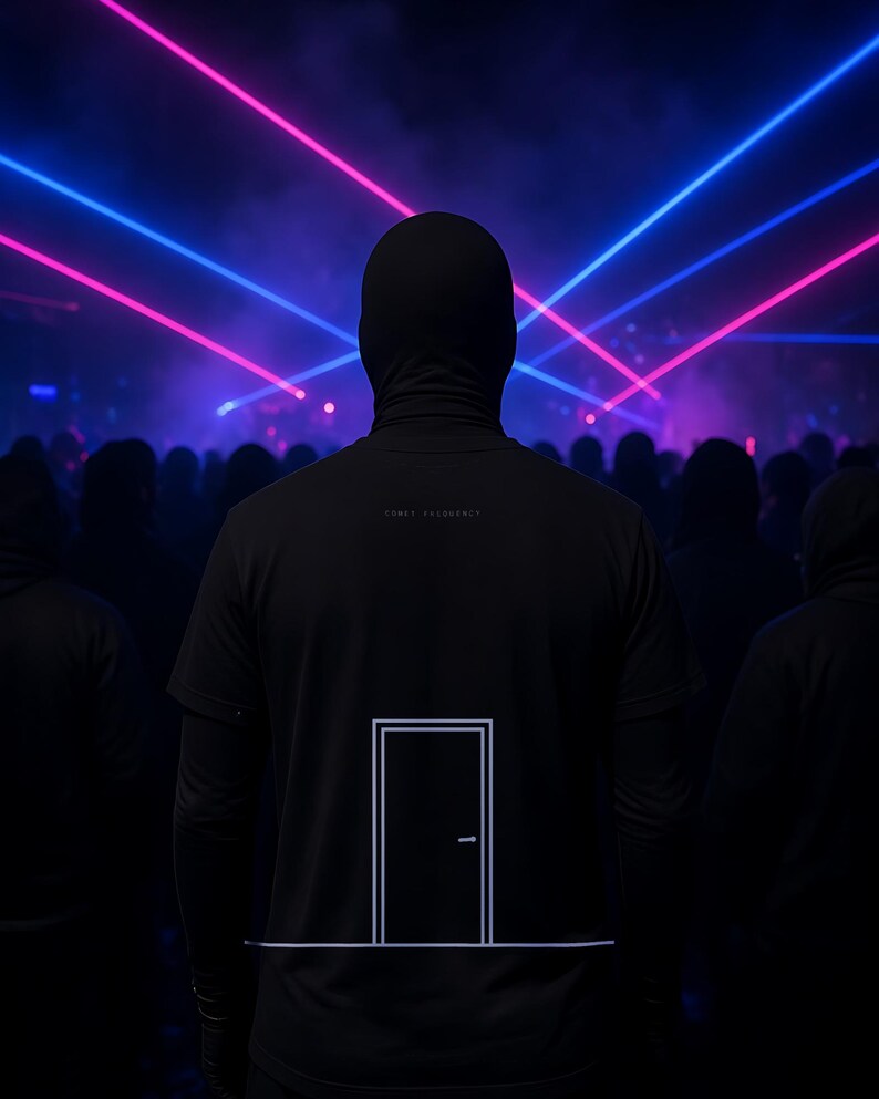 K&ouml;nnte beinhalten: Ein schwarzes Kurzarm-T-Shirt mit einer wei&szlig;en Linienzeichnung einer geschlossenen T&uuml;r auf der R&uuml;ckseite. Das Shirt zeigt kleinen Text &uuml;ber der Grafik und wird von einer Person mit schwarzer Sturmhaube vor blau-pinken Laserstrahlen getragen.
