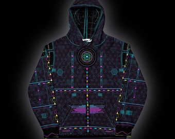 May include: A black hooded sweatshirt featuring an all-over print of geometric patterns, including a central circular mandala design, interconnected lines, and grid-like structures in vibrant neon shades of blue, pink, and purple.