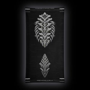 May include: A black neck gaiter featuring a white, intricate, mechanical, spine-like graphic centered at the top and a smaller, leaf-shaped, segmented geometric design below. The fabric includes subtle technical text and markings.