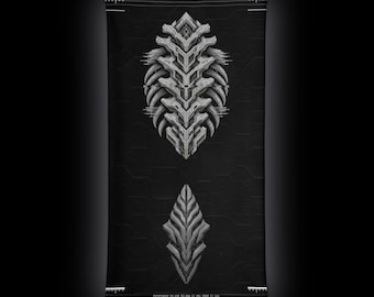 May include: A black neck gaiter featuring a white, intricate, mechanical, spine-like graphic centered at the top and a smaller, leaf-shaped, segmented geometric design below. The fabric includes subtle technical text and markings.