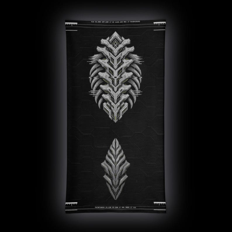 May include: A black neck gaiter featuring a white, intricate, mechanical, spine-like graphic centered at the top and a smaller, leaf-shaped, segmented geometric design below. The fabric includes subtle technical text and markings.