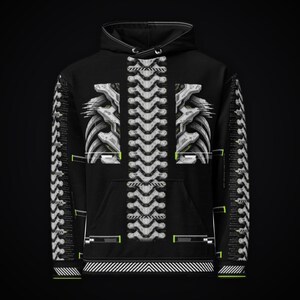 May include: A black hooded sweatshirt featuring a white, mechanical, spine-like graphic running down the center and along the sleeves. The design includes white rib-like structures, geometric patterns, and small neon green accents.