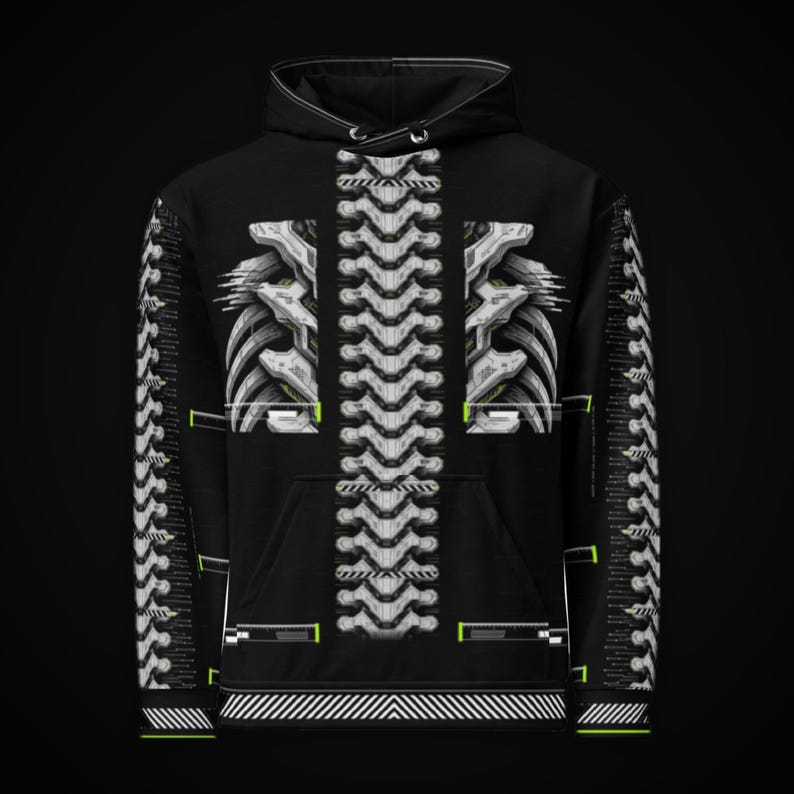 May include: A black hooded sweatshirt featuring a white, mechanical, spine-like graphic running down the center and along the sleeves. The design includes white rib-like structures, geometric patterns, and small neon green accents.