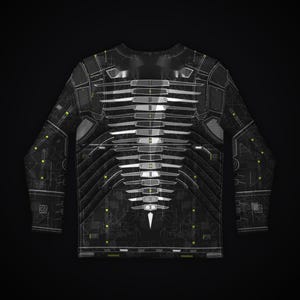Puede incluir: Una camiseta de manga larga con un patr&oacute;n de esquema t&eacute;cnico en negro y gris oscuro. El dise&ntilde;o incluye una columna central vertical de formas blancas segmentadas similares a costillas con peque&ntilde;os acentos verde ne&oacute;n.