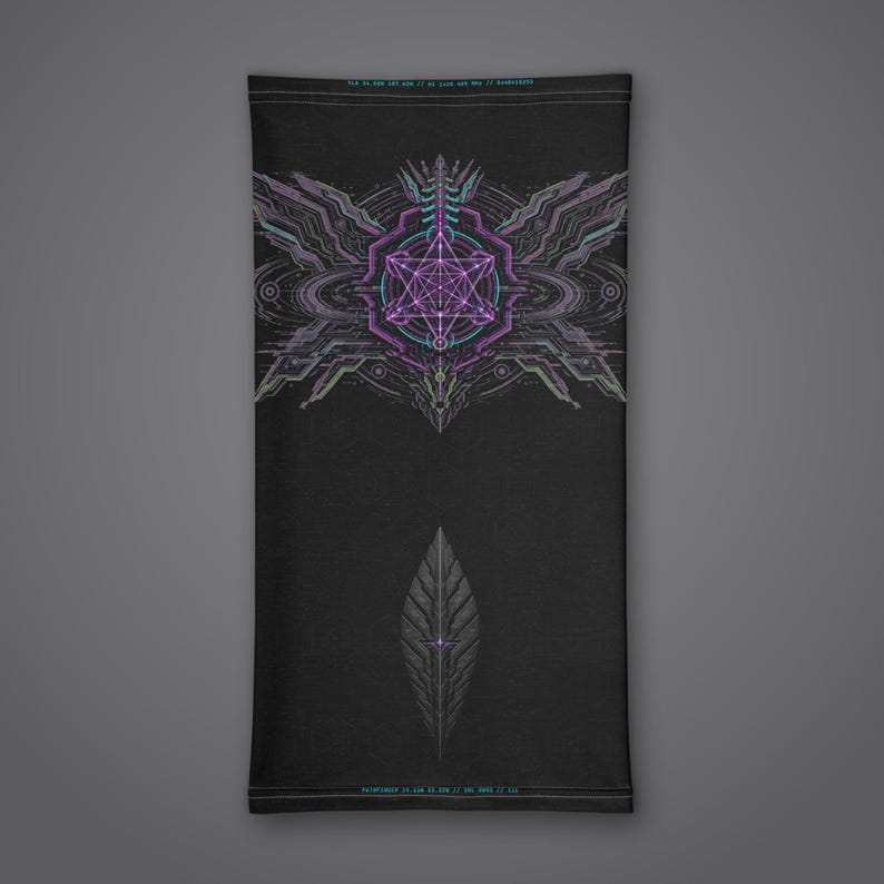 May include: A black neck gaiter featuring a central purple geometric star design surrounded by intricate cybernetic patterns. Below the main graphic is a single dark leaf-like shape. Small blue text is printed at the top and bottom edges.