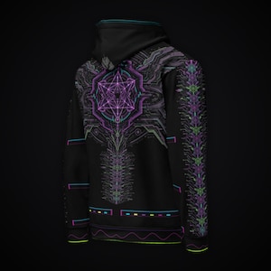 May include: A black hooded sweatshirt featuring a vibrant, intricate geometric design in shades of purple, cyan, and green. The back displays a large, symmetrical star-like pattern with circuit-board style lines extending down the centre and sleeves.