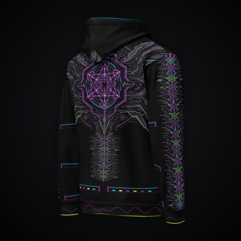 May include: A black hooded sweatshirt featuring a vibrant, intricate geometric design in shades of purple, cyan, and green. The back displays a large, symmetrical star-like pattern with circuit-board style lines extending down the centre and sleeves.