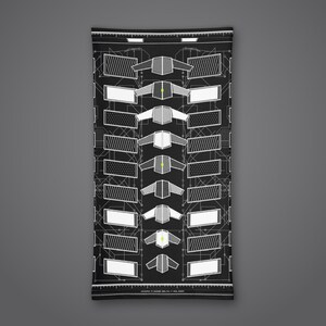 May include: A black neck gaiter featuring a white technical blueprint design with repeating geometric shapes, rectangular frames, and small lime green accents. The bottom edge includes the text JEZERO 77 ASGDE DELTA / SOL 0001.
