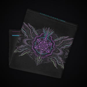 May include: A black neck gaiter featuring a central purple and teal geometric star design surrounded by intricate circuit-like patterns. The top edge displays the text VLA 54.08N 107.62W // HI 1420.405 MHZ // 0x4D455293 in teal.