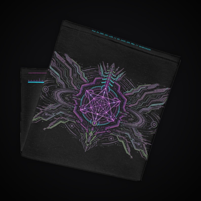 May include: A black neck gaiter featuring a central purple and teal geometric star design surrounded by intricate circuit-like patterns. The top edge displays the text VLA 54.08N 107.62W // HI 1420.405 MHZ // 0x4D455293 in teal.