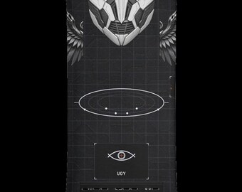 May include: A black rectangular fabric item featuring a white robotic mask graphic at the top, stylized wings on the sides, a central radar-like oval, and a rectangular box containing an eye icon above the text UOY with small lettering below.