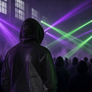 May include: A black hooded sweatshirt featuring a geometric pyramid graphic on the back, worn by an individual standing in a dark room illuminated by bright purple and green laser light beams that cut through the hazy atmosphere.