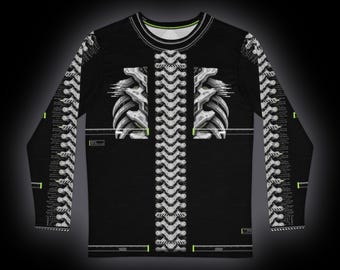 May include: A black long-sleeve shirt featuring a white mechanical spine and rib cage graphic down the center and along the sleeves. The design includes small neon green accents and technical grid patterns, with a round neckline.