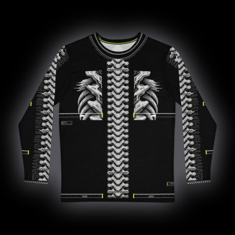 May include: A black long-sleeve shirt featuring a white mechanical spine and rib cage graphic down the center and along the sleeves. The design includes small neon green accents and technical grid patterns, with a round neckline.