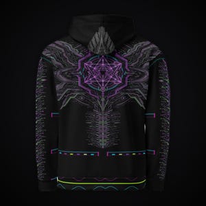 May include: A black hooded sweatshirt featuring a vibrant purple and teal geometric design on the back. The graphic includes a central star-like pattern with intricate circuit-board style lines, extending down the spine and along the sleeves.