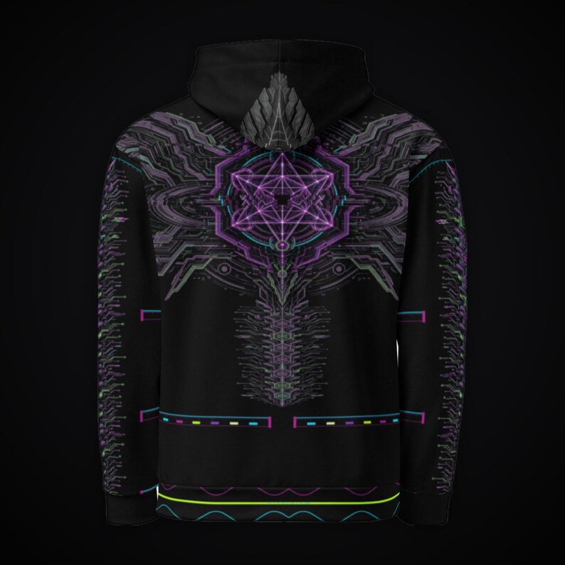 May include: A black hooded sweatshirt featuring a vibrant purple and teal geometric design on the back. The graphic includes a central star-like pattern with intricate circuit-board style lines, extending down the spine and along the sleeves.