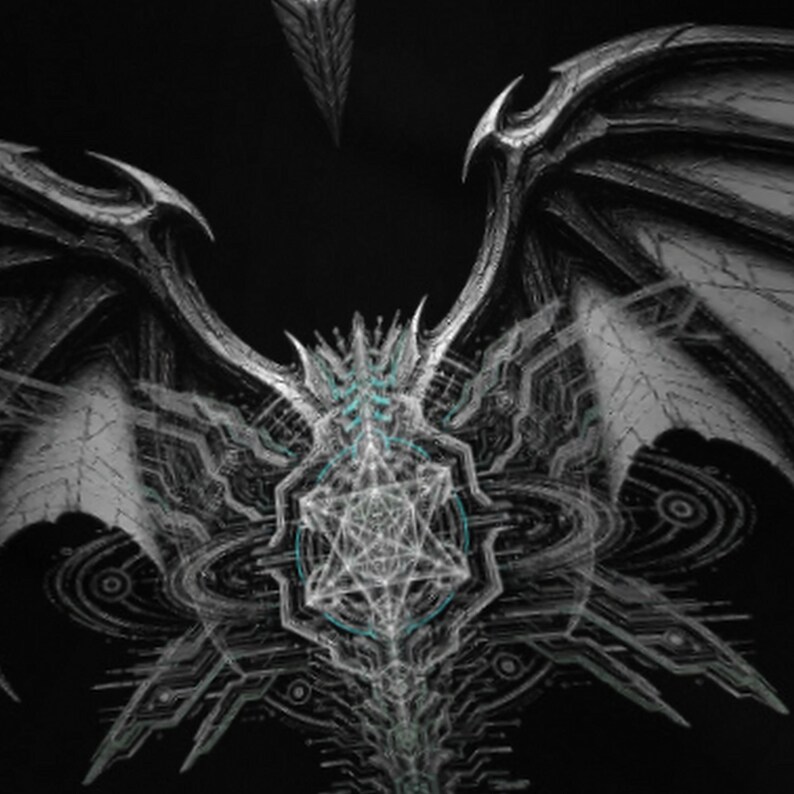 May include: A black and white graphic print featuring a central geometric star pattern surrounded by intricate, symmetrical mechanical wing structures. The design incorporates fine lines, circular motifs, and subtle blue accents on a dark background.