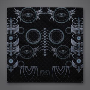 May include: A black square textile featuring a repeating pattern of light blue and grey graphic elements, including winged eyes, circular mechanical motifs, and a central vertical spine-like structure on a subtle diamond grid background.