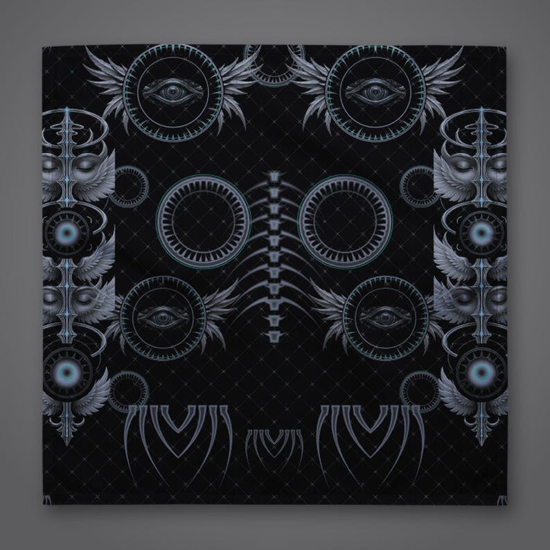May include: A black square textile featuring a repeating pattern of light blue and grey graphic elements, including winged eyes, circular mechanical motifs, and a central vertical spine-like structure on a subtle diamond grid background.