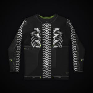 May include: A black long-sleeve shirt featuring a white, mechanical-style spine graphic running down the center and along the sleeves. The chest area displays white, segmented rib-like structures with subtle lime green accents.
