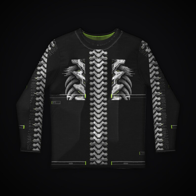 May include: A black long-sleeve shirt featuring a white, mechanical-style spine graphic running down the center and along the sleeves. The chest area displays white, segmented rib-like structures with subtle lime green accents.