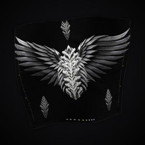 May include: A black fabric patch featuring a central white and grey mechanical wing design with a skeletal spine structure. The patch includes three smaller pointed accents and a row of small diamond-shaped markers along the bottom edge.