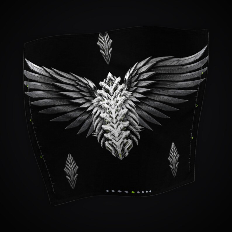 May include: A black fabric patch featuring a central white and grey mechanical wing design with a skeletal spine structure. The patch includes three smaller pointed accents and a row of small diamond-shaped markers along the bottom edge.