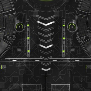 May include: A black shirt featuring a white and neon green circuit board pattern. The design includes a central column of chevrons, circular gauges, and grid-like textures. The graphic print mimics a futuristic robotic or tech-inspired suit.