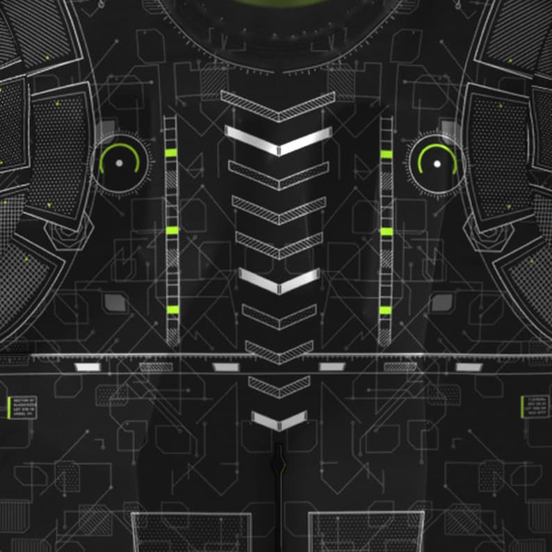 May include: A black shirt featuring a white and neon green circuit board pattern. The design includes a central column of chevrons, circular gauges, and grid-like textures. The graphic print mimics a futuristic robotic or tech-inspired suit.