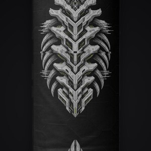 May include: A black fabric surface featuring a central, symmetrical graphic print of a white, segmented, mechanical spine-like structure with intricate geometric details and subtle yellow accents, set against a dark, textured background.