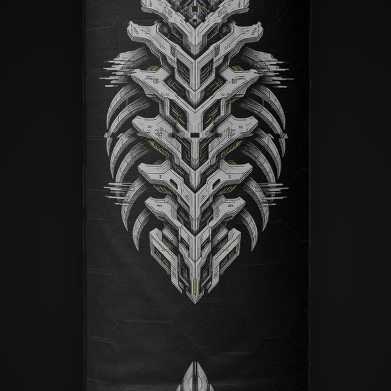 May include: A black fabric surface featuring a central, symmetrical graphic print of a white, segmented, mechanical spine-like structure with intricate geometric details and subtle yellow accents, set against a dark, textured background.