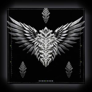 May include: A black square graphic featuring a central white and silver mechanical wing design with sharp, layered feathers. Three smaller, pointed, symmetrical silver ornaments are positioned above and below the main wing motif.