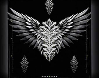 May include: A black square graphic featuring a central white and silver mechanical wing design with sharp, layered feathers. Three smaller, pointed, symmetrical silver ornaments are positioned above and below the main wing motif.