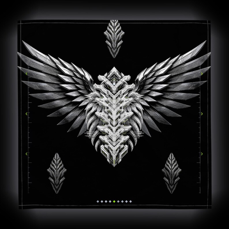 May include: A black square graphic featuring a central white and silver mechanical wing design with sharp, layered feathers. Three smaller, pointed, symmetrical silver ornaments are positioned above and below the main wing motif.
