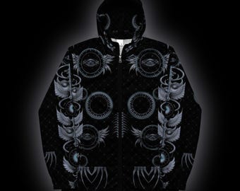 May include: A black zip-up hoodie featuring a repeating pattern of grey winged eyes, circular gear-like motifs, and subtle dotted textures. The garment includes a hood, a full-length front zipper, and long sleeves, with the graphic design covering the entire surface.