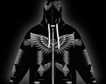 May include: A black zip-up hoodie featuring a white graphic print of large feathered wings across the chest and hood. The design includes symmetrical wing patterns on the sleeves and torso, with white drawstrings at the neck and a full-length zipper.