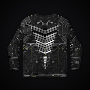 May include: A long-sleeve shirt in black featuring a complex white and gray technical circuit board pattern. The design includes a prominent central chevron-style spine graphic, small lime green accents, and circular gauge icons.
