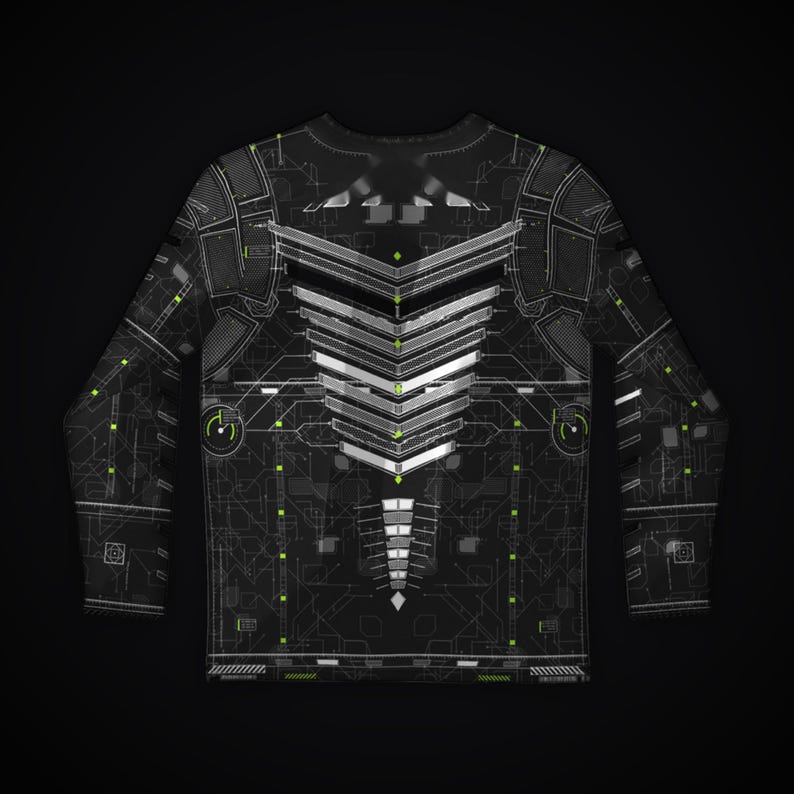 May include: A long-sleeve shirt in black featuring a complex white and gray technical circuit board pattern. The design includes a prominent central chevron-style spine graphic, small lime green accents, and circular gauge icons.