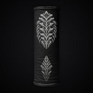 May include: A black tubular neck gaiter featuring a large, intricate, light gray geometric spine-like graphic in the center and a smaller, matching diamond-shaped emblem below it. Small white text is printed along the top and bottom edges.