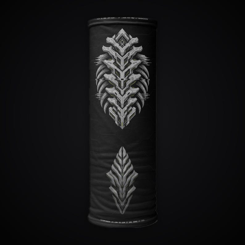 May include: A black tubular neck gaiter featuring a large, intricate, light gray geometric spine-like graphic in the center and a smaller, matching diamond-shaped emblem below it. Small white text is printed along the top and bottom edges.