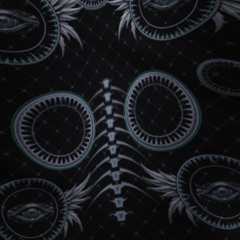 May include: A black fabric featuring a repeating pattern of white and grey winged eyes enclosed in circular frames, interspersed with a central vertical spinal column graphic and a subtle white grid overlay across the entire surface.